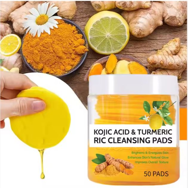 Private Label Facial Cleansing Exfoliation Whitening Turmeric Kojic Acid Cleansing Cotton 50 Tablets Turmeric Kojic Pads
